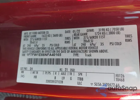 2022 Ford F-150 Lariat из США, поврежденный, VIN 1FTFW1E88NFA40165